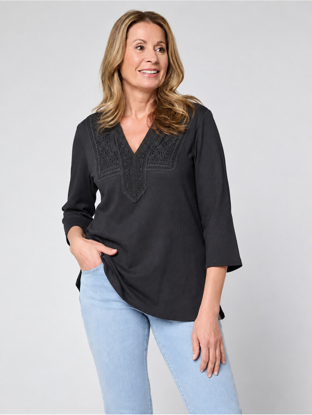 Belle by Kim Gravel Packabelle Gotta Getaway Lace Trim Top Black, Size X-Large
